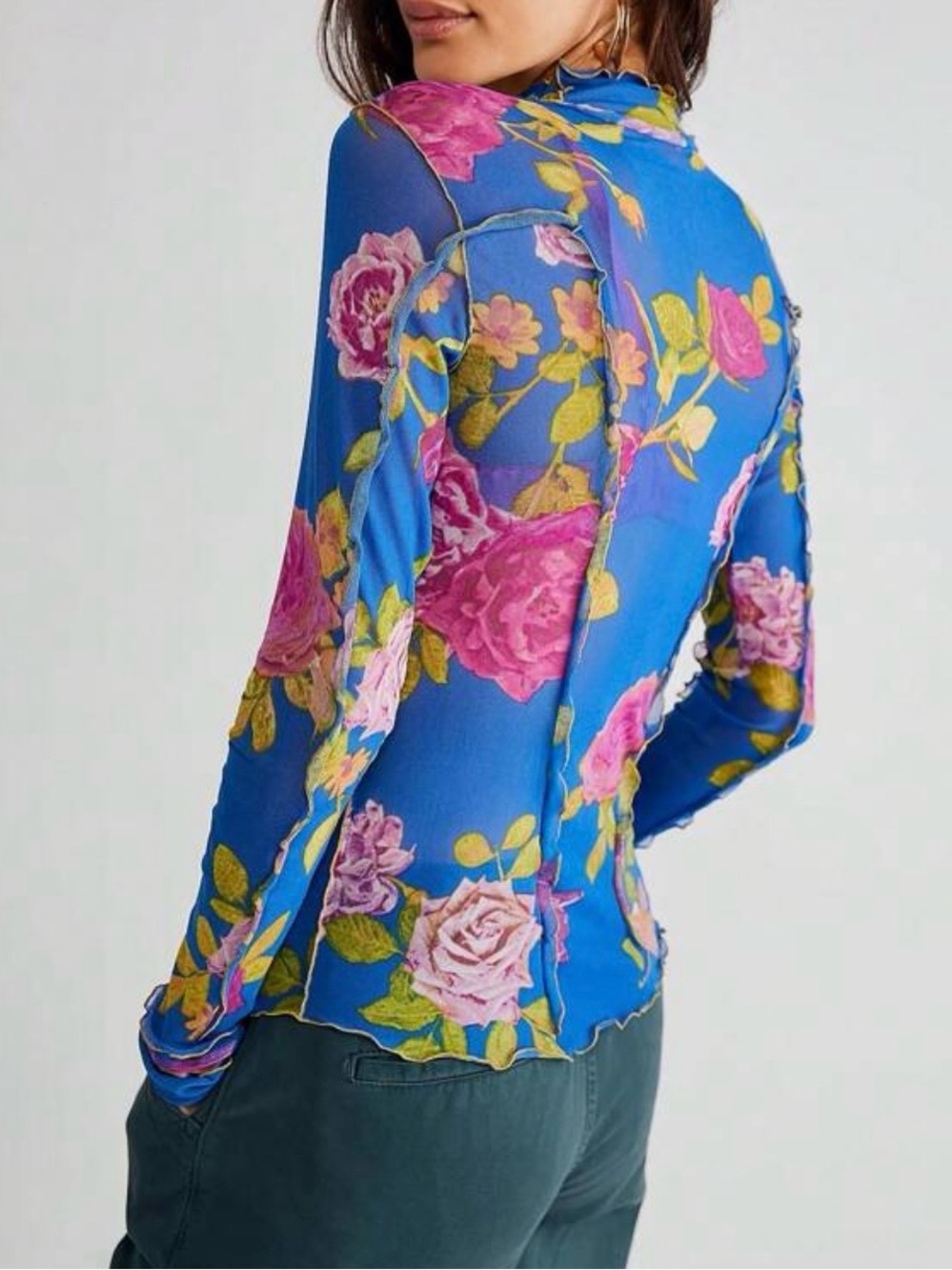 Blue Floral Mesh Long-Sleeve Shirt - Picture 2 of 2